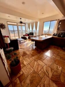 Open living and dining area with ocean views